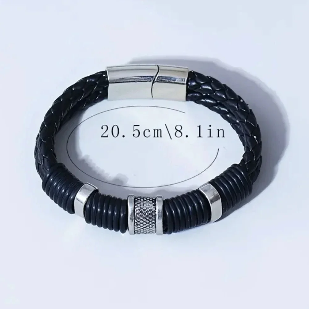 Black leather and metal design bracelet, 8.1